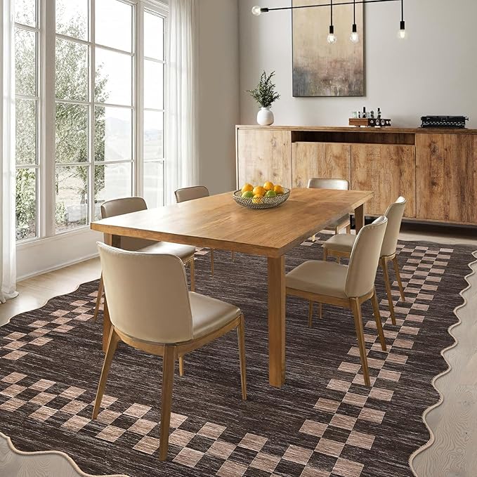 GarveeHome 4x6 Area Rug Small Washable Living Room Rug Scalloped Rug with Rubber Backing Stain Resistant Low Pile Dining Room Throw Carpet Modern Bordered Mat for Bedroom Kitchen, Brown