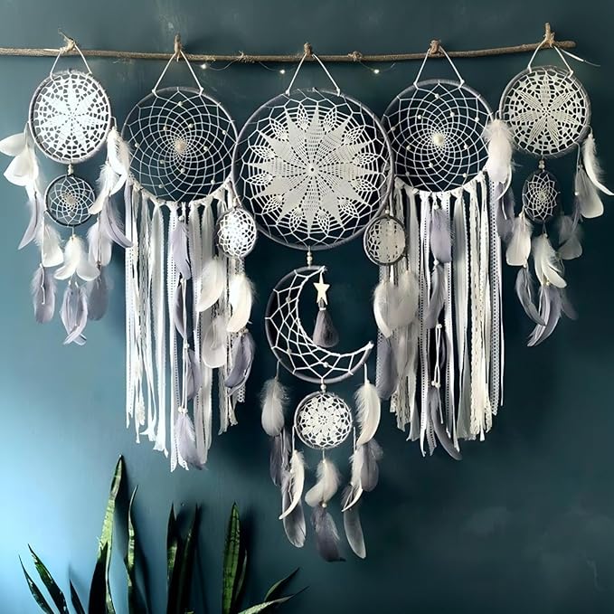 Dream Catcher Wall Decor,Large Boho Dream Catcher with Luxurious Feathers & Beads, Handmade Wall Hanging for Bedroom, Nursery, Living Room, Gift Ready for Girls & Adults (Gray)