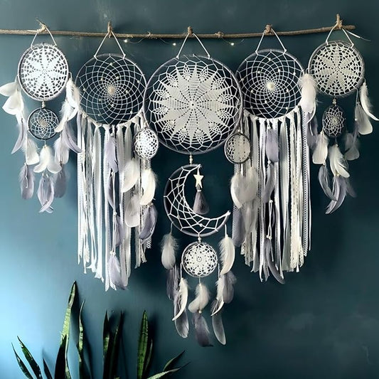 Dream Catcher Wall Decor,Large Boho Dream Catcher with Luxurious Feathers & Beads, Handmade Wall Hanging for Bedroom, Nursery, Living Room, Gift Ready for Girls & Adults (Gray)