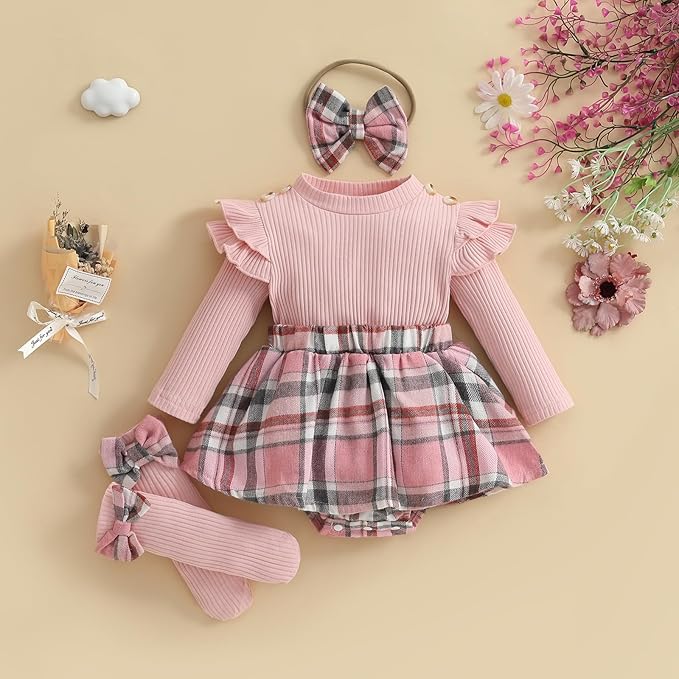 Giraropa Baby Girl Fall Winter Clothes Long Sleeve Romper Dress + Socks + Headband Newborn Infant Cute Casual Outfits