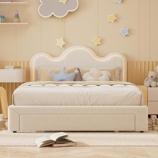 Queen Upholstered LED Bed Frame with Storage Drawers Girls Bed with Flower Headboard Boucle Princess Platform Bed Frame for Kids/Girls Strong Wood Slat Support,No Box Spring Needed,Easy Assembly