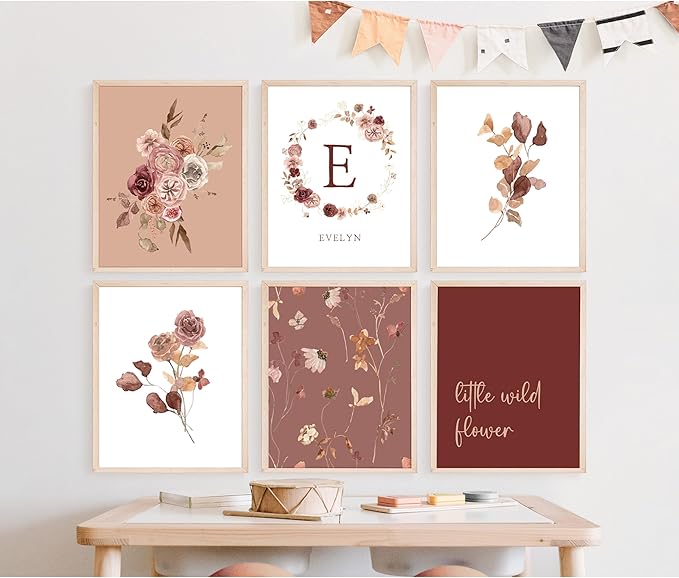 Personalized Name Flower Nursery Wall Art Prints, Crib & Nursery décor, Newborn Baby Girl Gift Present, Floral Baby Girl Room Pictures, Poster For Baby And Kids (6 Prints, Flower 1)