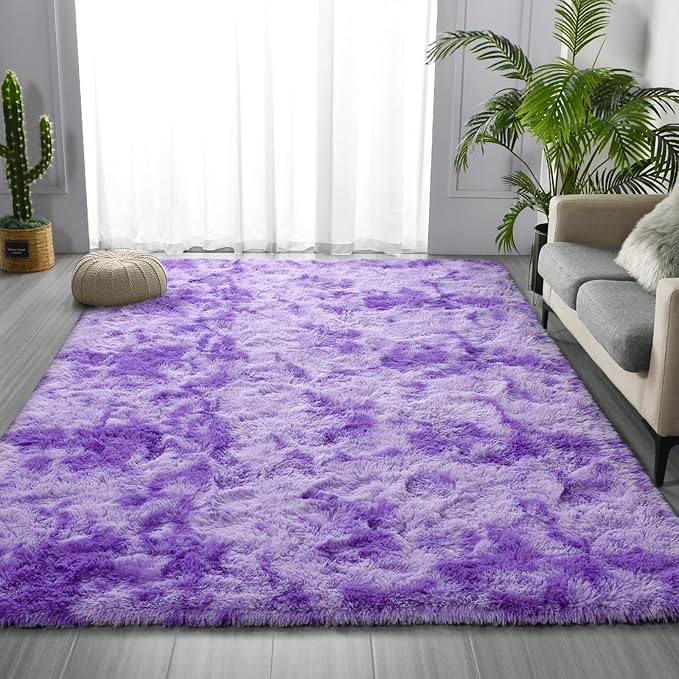 Large Shag Area Rugs 8 x 10, Tie-Dyed Plush Fuzzy Rugs for Living Room, Ultra Soft Fluffy Furry Rug for Bedroom, Indoor Carpet Nursery Rugs for Kids Room Home Decor, Purple