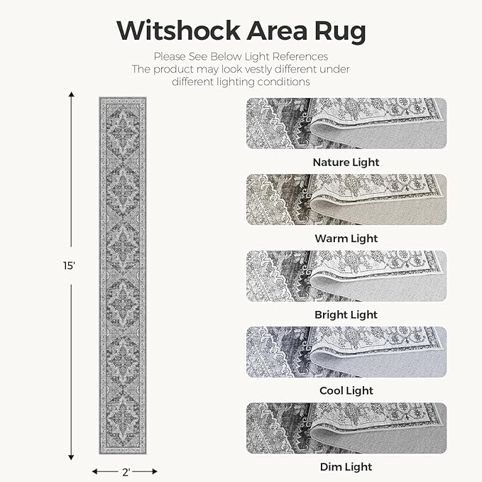 WITSHOCK Extra Long Runner Rug for Hallway 2x15: Washable Vintage Boho Low Pile Stain Resistant Foldable Carpet for Bedroom Entryway Indoor Entrance, Neutral Distressed Farmhouse Home Decor, Grey