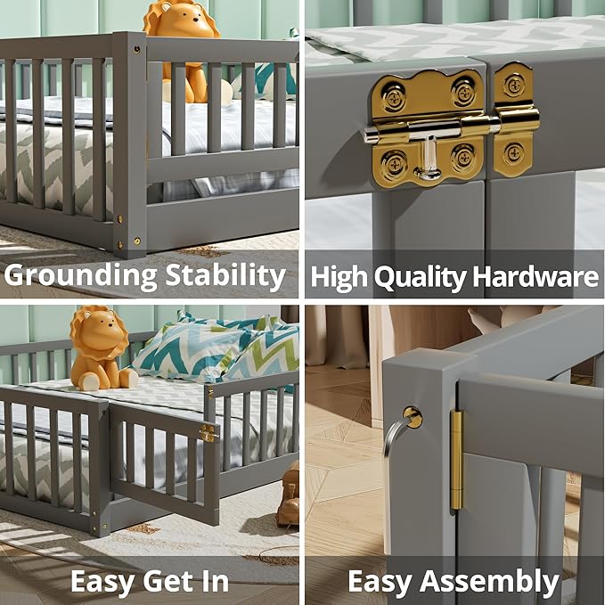 i-POOK Full Floor Bed for Children, Sturdy Wood Montessori Bed Frame with Wood Slats, Fence & Door for Girls and Boys, Gray (with Bed Slats)