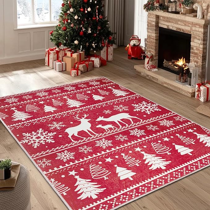 5x7 Machine Washable Christmas Area Rug, Non-Slip Floor Rugs for Kids, Low Pile Room Carpet for Living Room, Bedroom, Dining Room & Nursery(5x7 Elk)