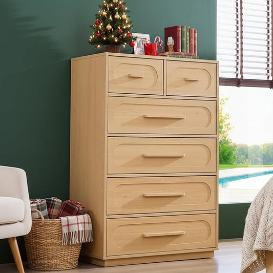 6 Drawers Dresser for Bedroom, 44" Tall Mid Century Modern Chest of Drawers with Solid Wood Handle, Large Wood Storage Dresser Organizer for Bedroom, Living Room, Natural Oak
