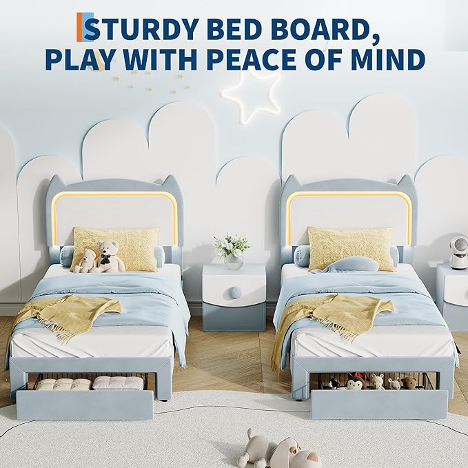 Twin Size Princess Bed Frame with LED Lights & Storage Drawer - Blue Velvet Upholstered Cat Headboard Platform Bed for Kid- Sturdy Wood Slats, No Box Spring Needed, App & Remote Control, Blue & White