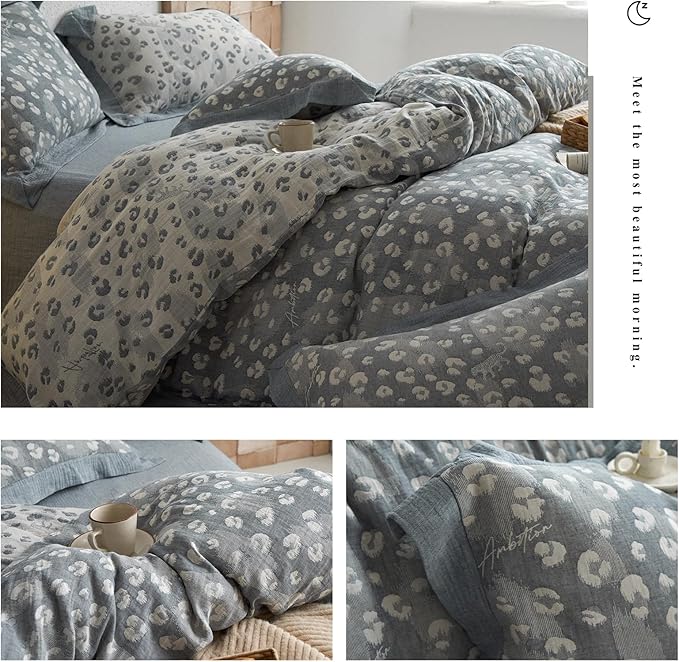 Leopard Print Duvet Cover Full Premium Yarn-Dyed Cotton Linen Jacquard Duvet Cover Grey Leopard Print Bedding Set Aesthetic Floral Leopard Comforter Cover with Zipper Closure Farmhouse Bedding Set