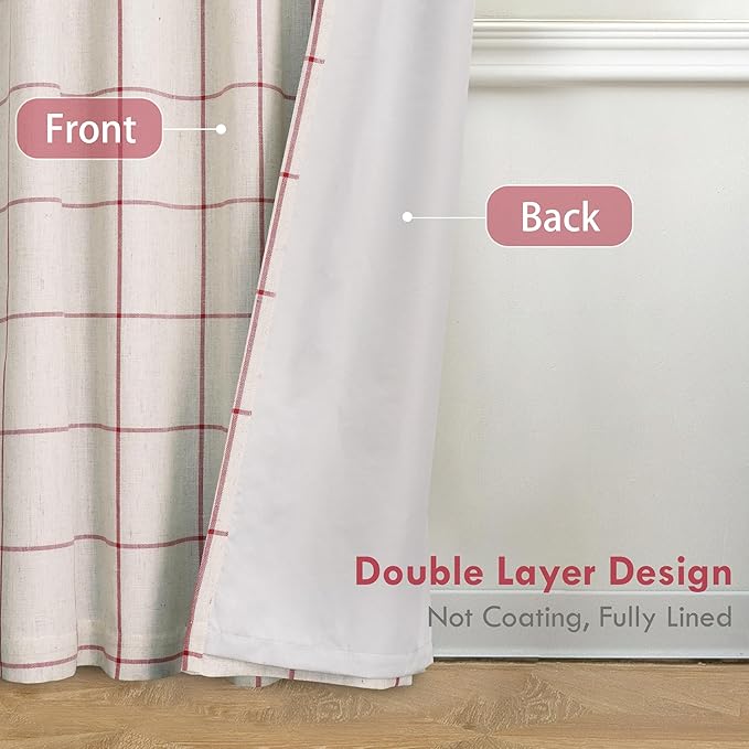 DriftAway 2 Panels 100% Blackout Windowpane Plaid Linen Curtains Double Layer Drapes for Bedroom 84 Inches Long Farmhouse Thermal Insulated 3.25 Inch Rod Pocket Back Tab for Living Room Red