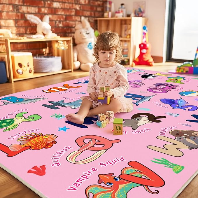 Kids Rug for Playroom, 3x4 Feet Educational Rug for Learn The ABC Alphabet, Soft Machine Washable Non-Slip Cute Marine Organisms Carpet for Classroom Toddler Nursery Kids Room Decor Mat, Pink