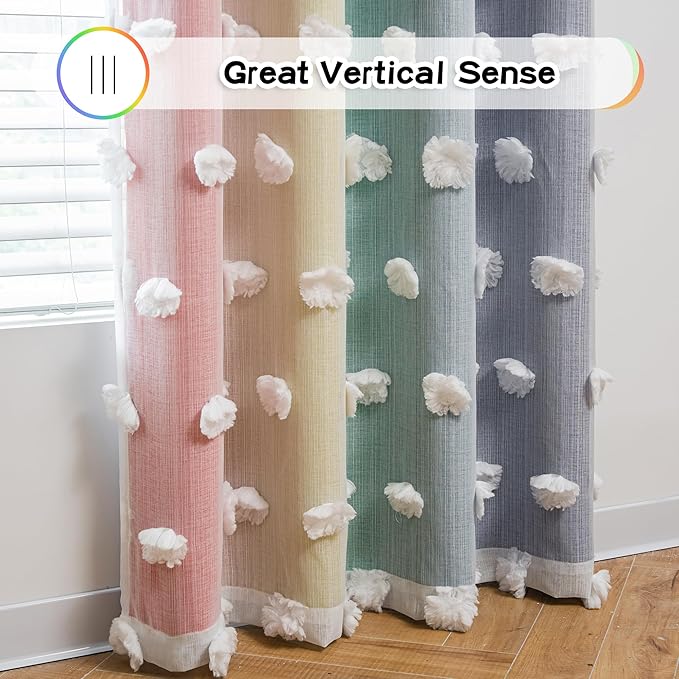 MYSKY HOME 95 Inch Long Rainbow Curtains for Girls Bedroom & Living Room - Double Layer Ombre, White Pom Pom, Blackout Sheer, Room Darkening Grommet Window Panels (2 Pieces, 52 x 95 in)