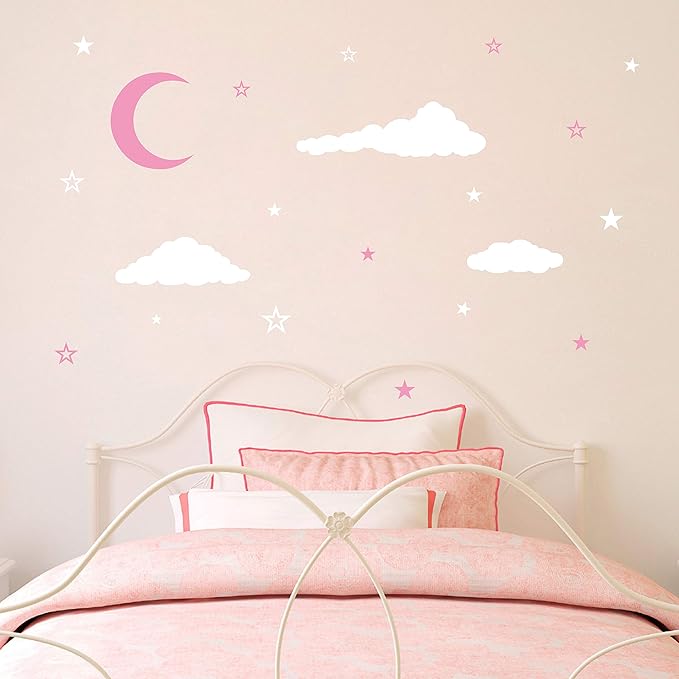 Moon & Stars Wall Decals, Kids Nursery Decoration, Vinyl Stickers for Baby's Room Y08 (White, Pink)