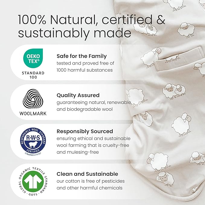 Woolino Ultimate Sleep Sack - 4 Season - Merino Wool and Organic Cotton Two-Way Zipper Adjustable Sleeping Bag - Universal Size Sleep Sack for Baby (2-24 Months) - Whales