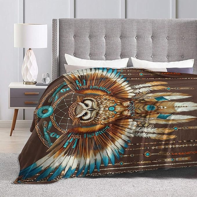 Owl Blanket Native American Decor Throw Blanket Super Soft Flannel Lightweight Fluffy Plush Fuzzy Fleece Indian Blanket Gifts for Girl Woman Adults Man Boys Kids Baby for Bed Sofa 50"X60"