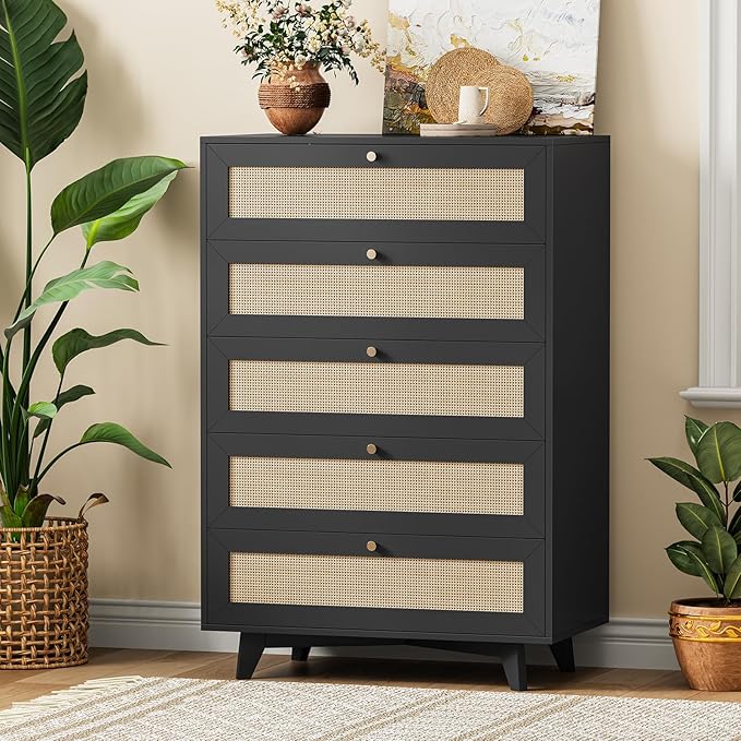 AOGLLATI Black Rattan Dresser for Bedroom with 5 Drawer, Modern Double Wooden Tall Bedroom Dresser, Chest of Drawers with Metal Handle & Solid Wood Legs for Bedroom/Living Room, Black