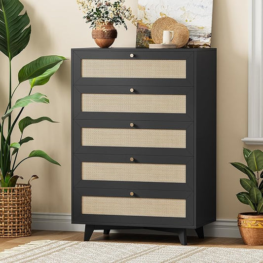 AOGLLATI Black Rattan Dresser for Bedroom with 5 Drawer, Modern Double Wooden Tall Bedroom Dresser, Chest of Drawers with Metal Handle & Solid Wood Legs for Bedroom/Living Room, Black