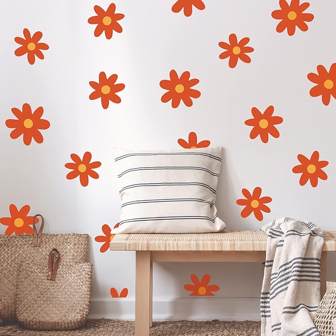 A Room with Flower Vinyl Daisy Wall Decals, Peel and Stick Floral Stickers for Nursery, Kids Bedroom Livingroom Home Wall Art Decor-Burnt Orange