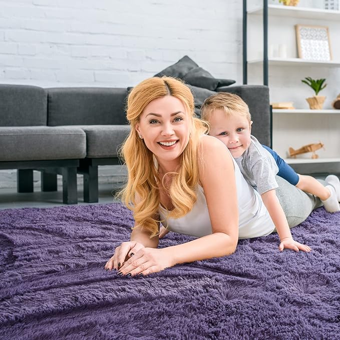 Merelax Soft Modern Indoor Large Shaggy Rug for Livingroom Bedroom Dorm Kids Room Home Decorative, Non-Slip Plush Fluffy Furry Fur Area Rugs Comfy Nursery Accent Floor Carpet 8x10 Feet, Grey-Purple
