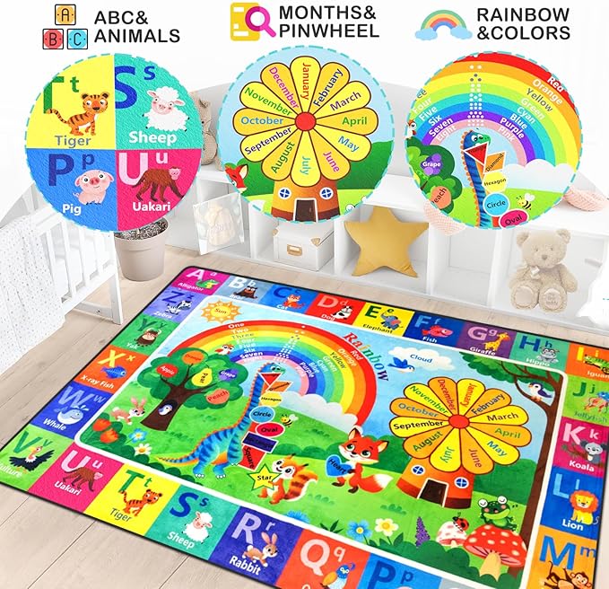 ABC Rug, Toddler Play Rug 3x5 Feet, Extra Thick (0.4in) Washable Baby Play Mat for Floor, Classroom Carpet Non-Slip for Learning, Alphabet, Nursery Mat for Crawling & Fun & Playroom Decor