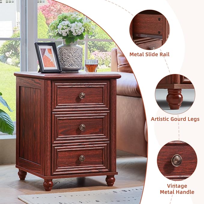 18" Farmhouse Night Stand, Red Oak Wood Nightstand with 3 Drawers, Bedside End Table with Storage and Roman Column, Bed Side Tables Cabinet for Bedroom, Living Room, and Closet