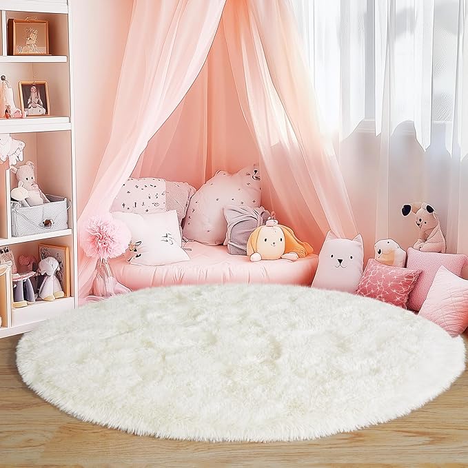 5'x5' Cream Round Rugs for Girls Bedroom, Ultra Soft Fluffy Circle Rug for Kids Room, Cute Shag Rugs for Living Room Playroom Tent Castle Home Decor Rug
