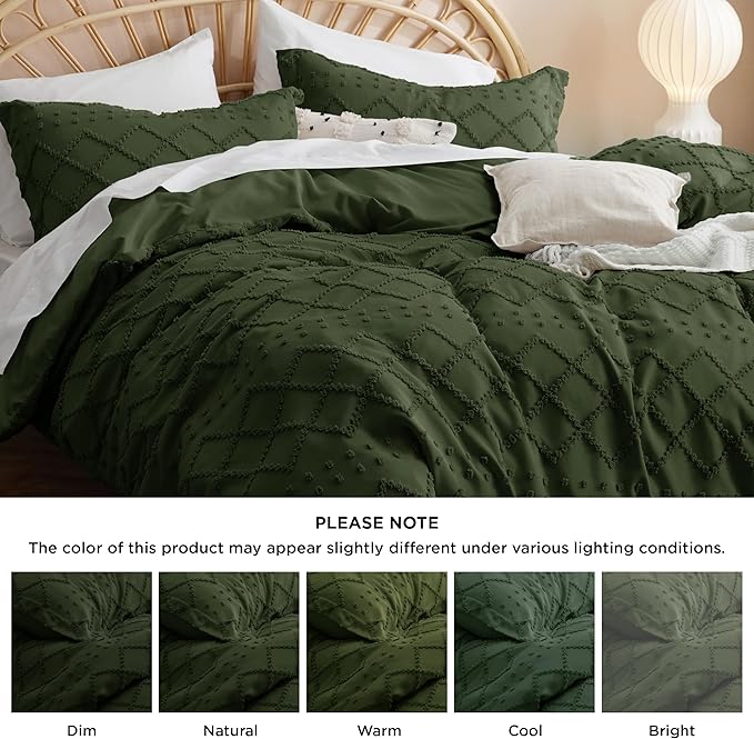 Bedsure Boho Oversized King Duvet Cover,Dark Green Breathable & Soft Boho Bedding,Machine Washable Comforter Cover for All Seasons, Includes 1 Duvet Cover 120"x98" with 2 Pillow Shams & Zipper Closure
