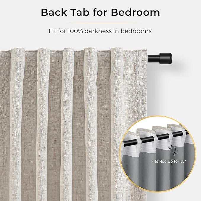 INOVADAY 100% Blackout Curtains for Bedroom, Black Out Curtains 96 Inch Long, Clip Rings Linen Blackout Drapes, Thermal Insulated Room Darkening for Living Room, 1 Panel - Beige,W102xL96