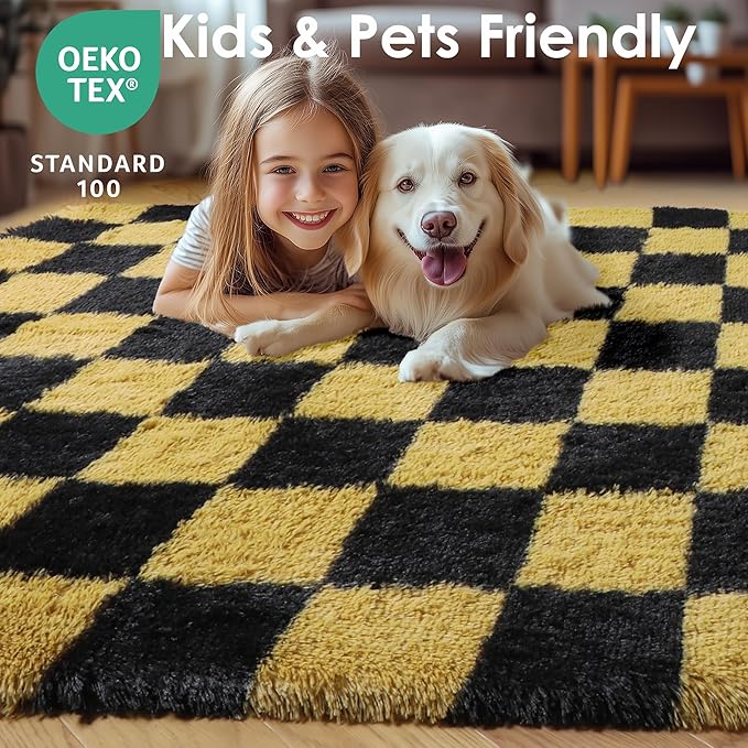 KICMOR Rugs for Living Room Bedroom, 5x7 Black and Gold Fluffy Soft Checkered Area Rug Fuzzy Shag Shaggy Carpet, Indoor Plush Floor Rugs for Kids Boys Girls Teen Dorm Nursery Home Decor Aesthetic