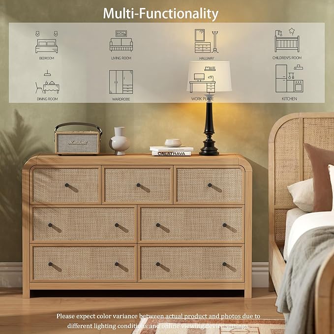 Oak&Sparrow 7 Drawer Dresser for Bedroom, 49'' Rattan Dresser with Ample Storage, Boho Chest of Drawers, Thickened Curved Profile Design, Oak Dressers for Bedroom, Living Room