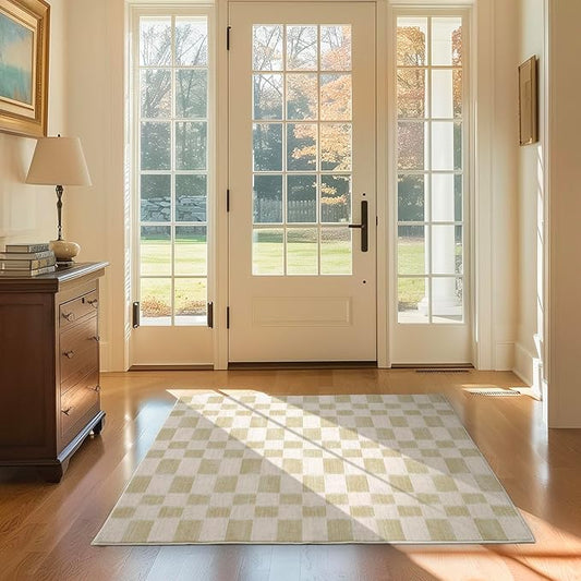 EverGrace Checkered Plaid Area Rug 3x5, Soft Faux Wool Rugs Washable Anti Slip Rugs Small Rug Carpet for Entryway Bedroom Living Room Hallway Kitchen Dining Room and Laundry Room, Beige