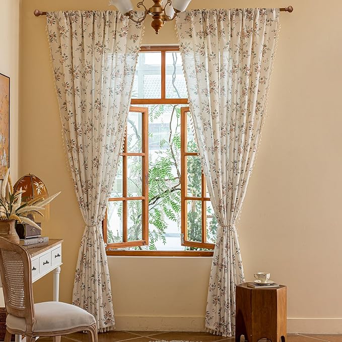 OYX Pink Boho Floral Window Curtains 63 Inch Long 2 Panels, French Vintage Farmhouse Vintage Country Rustic Tassels Printed Drapes for Living Room Bedroom, Rod Pocket Light Filtering Decor Aesthetic