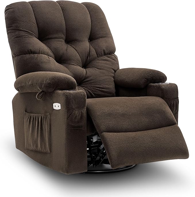 MCombo Electric Power Swivel Glider Rocker Recliner Chair with Cup Holders for Nursery, Hand Remote Control, USB Ports, 2 Side & Front Pockets, Plush Fabric 7797 (Brown)