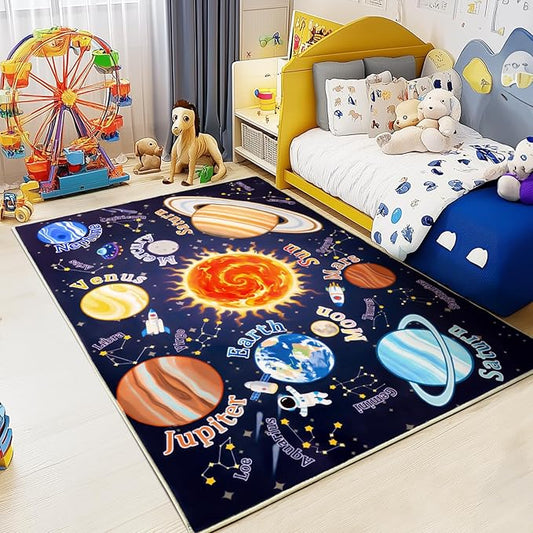 Kids Rugs for Playroom, 3x4 Feet Educational Rug for Learn The ABC Alphabet, Soft Machine Washable Non-Slip Cute Space Galaxy Carpet for Classroom Toddler Nursery Kids Room Decor Mat