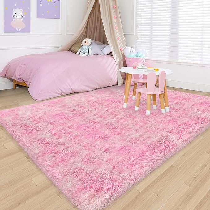Fluffy Pink Rugs for Bedroom Girls Room, Large Plush Area Rug 6x9 Pink Shag Carpet for Bedroom Living Room, Soft Fuzzy Rug for Kids Room Bedside Nursery Playroom Dorm Home Decor