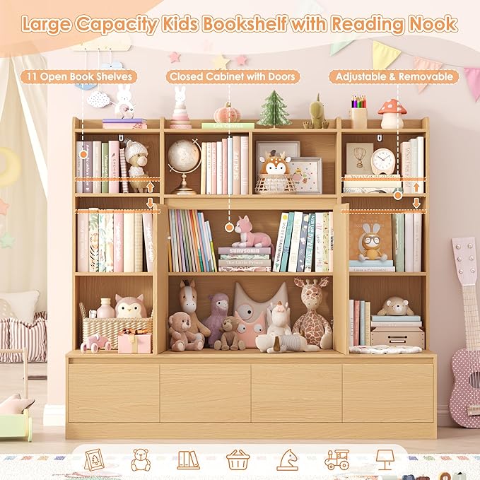 HIFIT 4-In-1 Kids Bookshelf and Toy Storage Organizer with Bench, 10-Cubes Kids Bookcase w/Reading Nook & 4 Sliding-Drawers & 2 Doors, Toy Chest Storage Cabinet for Playroom, Nursery,Classroom,Natural