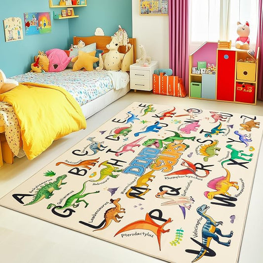 Kids Rugs for Playroom, 3x4 Feet Educational Rug for Learn The ABC Alphabet, Soft Machine Washable Non-Slip Cute Dinosaur Carpet for Classroom Toddler Nursery Kids Room Decor Mat, Beige