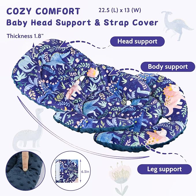 Pea Pod Infant Car Seat Insert with Strap Covers, All in One Reversible Baby Car Seat Head Support for Newborn, 3D Soft Minky Carseat Cushion for Preemie to Infant, Stroller, Swing, Bouncer, Dinosaur