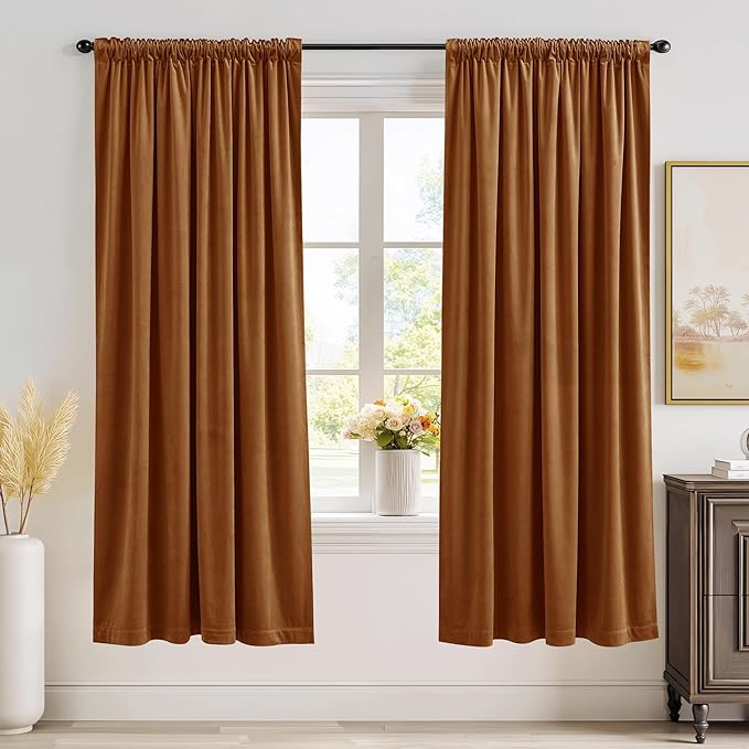 StangH Burnt Orange Velvet Curtains, Thermal Insulated Room Darkening Drapes for Bedroom, Living Room, Home Theater, Privacy Protect Decorative Window Treatment, 2 Panels, 52 x 72 Inches
