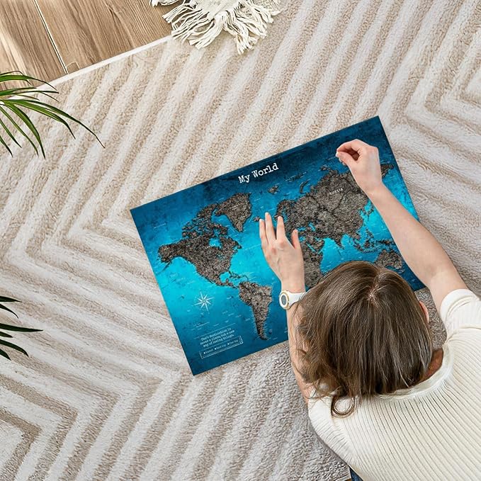 ElephantStock - My World Push Pin Travel Map Iii Wall Art - Horizontal Canvas Wall Art - Living Room Wall Decor - Digital Art Map Canvas Art - Turquoise And Blue Decor - 24" x 16"