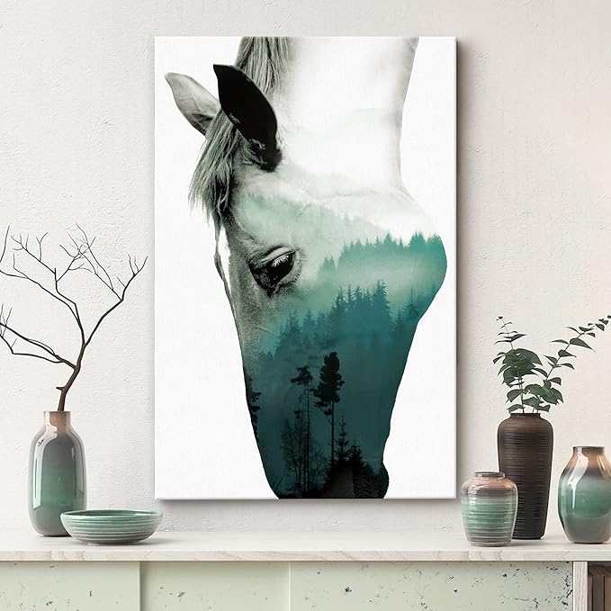 SIGNWIN Canvas Wall Art A Wild Horse and Foggy Mountain Double Exposure Photography Animals Wildlife Digital Art Modern Art Rustic Portrait Edgy for Living Room, Bedroom, Office - 16x24 inches