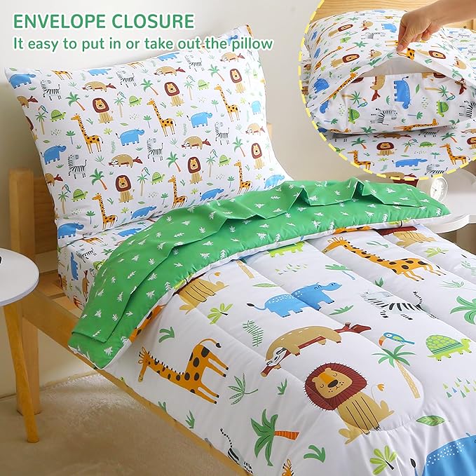 Mooreeke 4 Pieces Toddler Bedding Set - Forest Animal Toddler Comforter Sets for Girls Boys, Includes Comforter, Flat Sheet, Fitted Sheet and Pillowcase, Bed in A Bag for Baby Bedroom