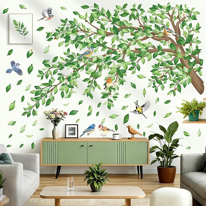 decalmile Large Green Tree Branch Wall Decals Green Leaves Floral Wall Stickers Bedroom Living Room Sofa TV Background Home Decor