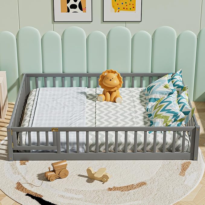 i-POOK Queen Floor Bed for Children, Sturdy Wood Montessori Bed Frame with Wood Slats, Fence & Door, Montessori Floor Bed for Girls and Boys, Gray