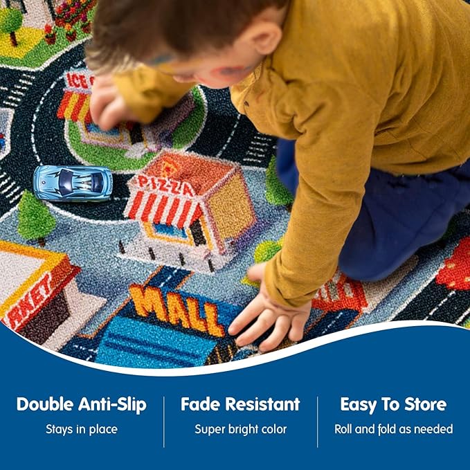 Booooom Jackson Car Rug Play Mat for Kids, 4'11" x 2'7" Rug,Car with Roads Bedroom, Kid Carpet Toddler Boy, Car Area Non-Slip Backing, Car Educational Cars and Toys
