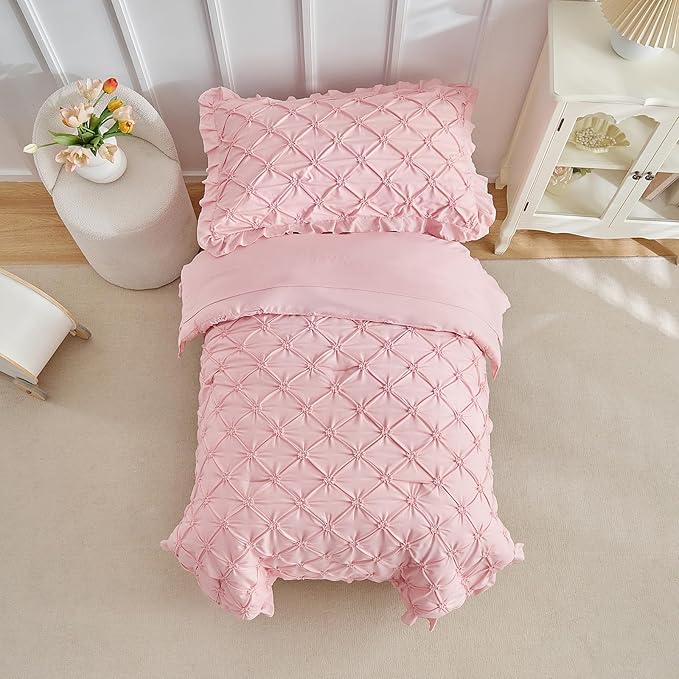 DuShow Princess Toddler Bedding Set for Girls,4 Pieces Ruffles Toddler Bed Set,Ultra Soft Kids Pink Sheet Set Includes Comforter,Flat Sheet,Fitted Sheet and Pillowcase