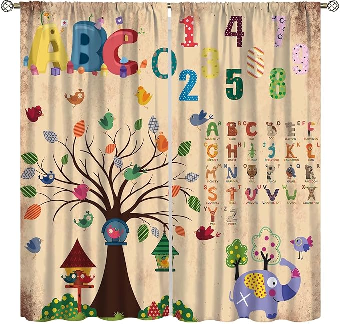 Animal Alphabet Numbers Tree Curtain Learning ABC Letters Birds Numbers Home Printed Rod Pocket Window Treatments for Bedroom Living Room Playroom Nursery 84" W X 84" L