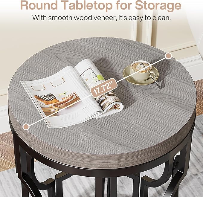 Tribesigns Round End Table, Industrial Side Table with Metal Hollow Frame, Small Bedside Table Nightstand for Living Room, Bedroom, Easy Assembly (Grey,1PC)