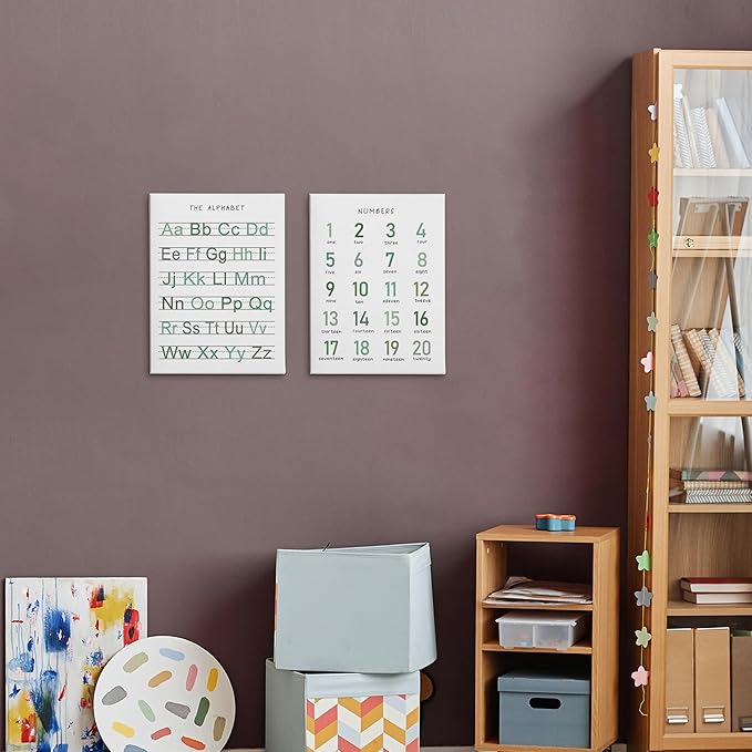 HRQKO Alphabet Numbers Nursery Canvas Wall Art Set of 2, Kids Room Decor Framed Art, Sage Green ABC Numbers Educational Posters Wall Decor for Classroom Toddler Nursery Bedroom Playroom, 11x14 inch