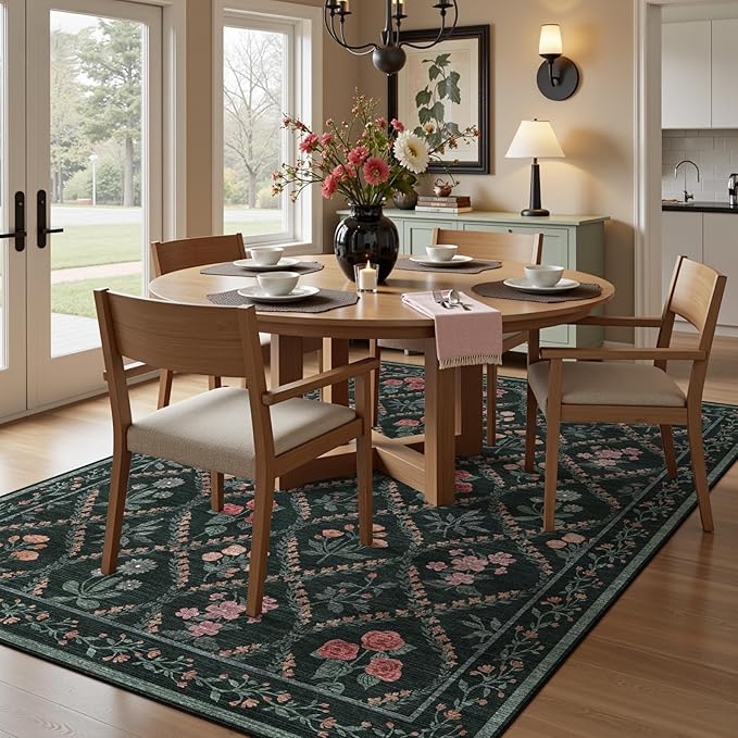 Green 5x7 Floral Rug Washable Area Rug, Non Slip Vintage Boho Rug for Bedroom, Stain Resistant Low Pile Floor Carpets for Living Room Dining Room Home Office,Dark Green